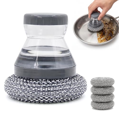Comfort Grip Soap Dispensing Kitchen Scrub Brush, Dish Brush with Soap Dispenser & Handle, Extra Strong Scrubbing for Stubborn Residue on Pots Pans & BBQ Grill (5pcs Brush Heads + Handle) - color: 5pcs Brush Heads + Handle
