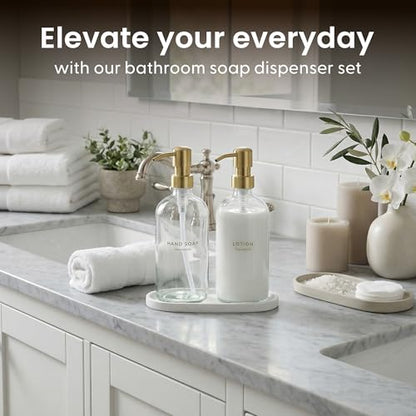 MaisoNovo Bathroom Soap Dispenser Set- Soap and Lotion Dispenser Set with Clear Soap Dispenser, Gold Pumps & Concrete Tray - color: Clear Bottles/ Golden Pumps/ White Concrete Tray