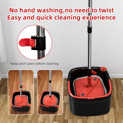 Spin Mop and Bucket Set with Self Separation Dirty and Clean Water System with 14 Pads, Square Mop Bucket Self Wringing 360° Rotating Clean Mop-Head for Hardwood Tile Marble Floors (Black+Red - size: Black+Red Mop Set with 14 Pads