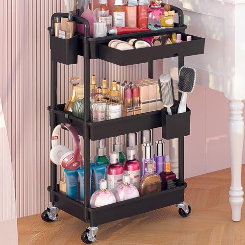 Goovilla Rolling Makeup Organizer Cart with Removable Drawer, 3 Tier Stable Black Floor Skincare Storage Cart for Vanity, Cosmetic Display, Nail Polish, Perfume, Hair Stuff, Beauty, Bathroom(Plastic) - color: Black, size: 3 Tier