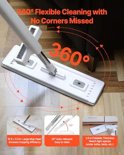 VEVOR Flat Mop, Self Wringing, Microfiber Floor Cleaner with 4 Reusable & Washable Pads for Dry & Wet Floor Cleaning, Microfiber Flat Mop with Stainless Steel Handle for Hardwood Laminate Tile Vinyl - style: Flat Mop with 4 Pads