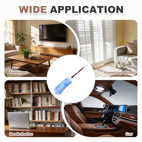 uxcell Wool Duster, 20.5" Natural Feather Cleaner Household Cleaning Duster with Solid Wooden Handle for Cleaning Fans Window Blinds Shelves Furniture, White Blue - color: White Blue, size: 20.5"