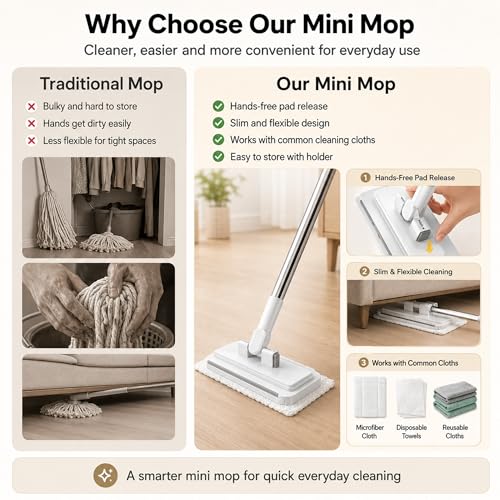 Hands Free Flat Mop with 5 Reusable Pads, One-Click Cloth Release, 53-Inch Extendable Stainless Steel Handle, Microfiber Mini Mop with Wall Holder for Hardwood, Tile, Bathroom, Kitchen and Glass
