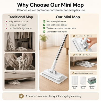 Hands Free Flat Mop with 5 Reusable Pads, One-Click Cloth Release, 53-Inch Extendable Stainless Steel Handle, Microfiber Mini Mop with Wall Holder for Hardwood, Tile, Bathroom, Kitchen and Glass