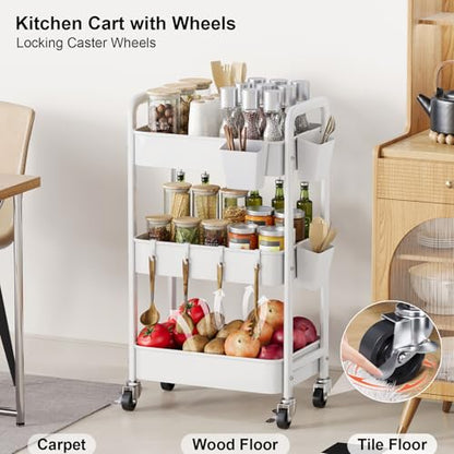 3 Tier Rolling Cart with Wheels, Metal Utility Storage Cart on Wheels, Craft Carts Organizer with Hanging Cups, Hooks, Three Tiered Rolling Carts for Bathroom, Laundry Room, Nursery, Office, White - color: White