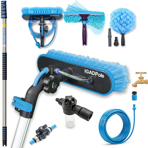 IGADPole 20 FT Water-Fed Washing Kit with Soap-Dispenser, Brush, 10″ Squeegee & Cobweb Duster for Windows, Gutters, Solar Panels & Exterior Walls - size: 20 ft Pole