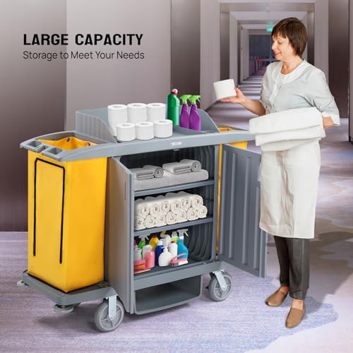 TUFFIOM Industrial Multifunctional Locking Hotel Cart,Commercial Traditional Cleaning Janitorial Room Service Housekeeping Cart, 51" H x 59" W x 20" D,Grey