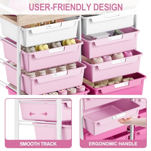 10 Drawers Rolling Cart with Wooden Tabletop, Utility Storage Cart with Wheels, Art Supply Craft Organizer on Wheel with Metal Frame & Handles for Home Office School,Pink - color: Pink