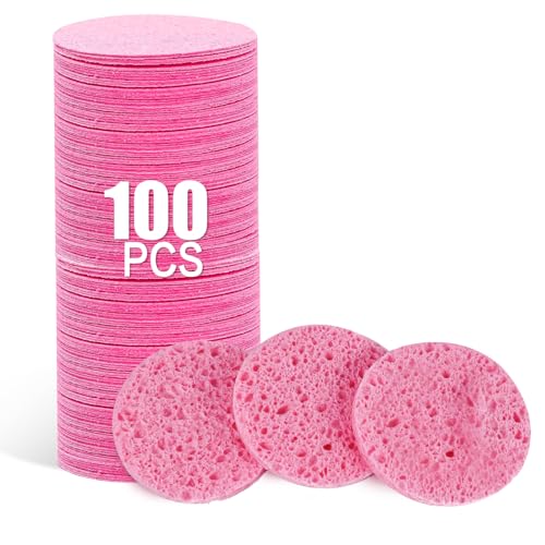100-Count Compressed Facial Sponges, Round 100% Natural Cellulose Cosmetic Spa Sponges for Daily Facial Cleansing, Makeup and Mask Removal Exfoliating, Skin Massage, Pink - color: 100- Pack Pink