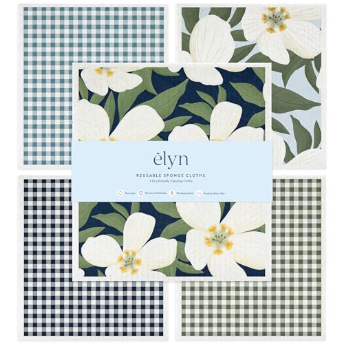 ELYN Swedish Dishcloths, Reusable & Washable Sponge Cloths, Absorbent Cleaning Paper Towels for Kitchen, Dishes, Counters and More, 5 Pack, Assorted Magnolia & Gingham Patterns - color: Magnolia Gingham