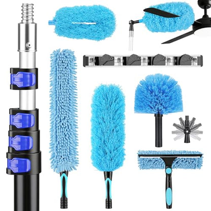 25ft High Reach Extendable Duster Kit with 4.5-18ft Extension Pole - Ceiling Fan Blade Cleaner, Spider Web Brush Cobweb Remover, Window Squeegee Kit with Telescoping Wand, Extended Extra Long Handle - size: 18FT POLE (Reach 25FT High)