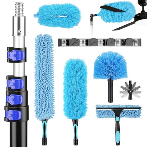 25ft High Reach Extendable Duster Kit with 4.5-18ft Extension Pole - Ceiling Fan Blade Cleaner, Spider Web Brush Cobweb Remover, Window Squeegee Kit with Telescoping Wand, Extended Extra Long Handle - size: 18FT POLE (Reach 25FT High)