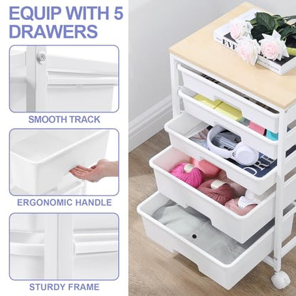 SYKIARIOL Utility Cart with 5 Drawers,Storage Drawer Cart with Wooden Tabletop and Lockable Wheels,Craft Storage Trolley Cart,5-Tier Rolling Utility Cart on Wheels,Bright White - color: Bright White