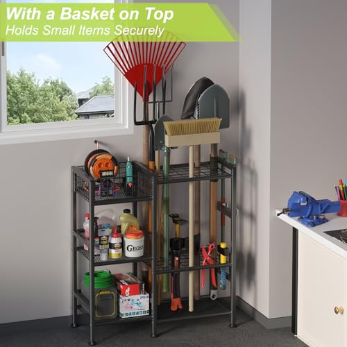 keomaisyto Garden Tool Organizer With Basket - 3 Tier Yard Storage Rack for Garage Organization, Heavy Duty Holder With 35 Long-Handled Slots for Shed, Yard, Garage - size: XL-29.5"W x 12"D x 31.2"H