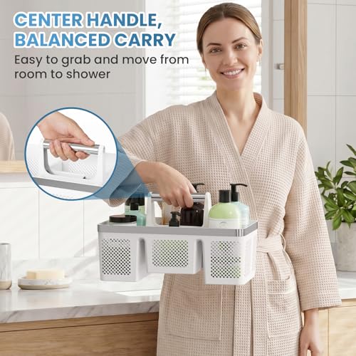 BYUNER 2Pack Plastic Shower Caddy: Portable Shower & Bathroom Caddy Tote with Handle, 4 Divided Compartments, Hard Plastic Shower Basket with All-Side Drainage for College Dorm Room Essentials - color: 2pc White/Silver