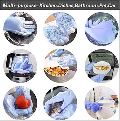 Silicone Dishwashing Gloves, Pet Grooming Rubber Scrubbing for Dishes, Sponge Wash Cleaning with Scrubbers (13.6" L) - color: Grey