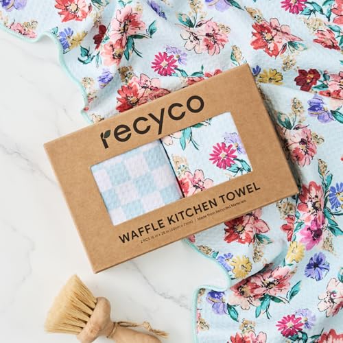 RECYCO Waffle Kitchen Towel Set of 2 - Quick Dry Microfiber Sustainable Dish Towels - Absorbent Reusable Cleaning Tea Towels - Lightweight Hand Towels,16”x 28”, Cuckoo Checker - color: Cuckoo Checker