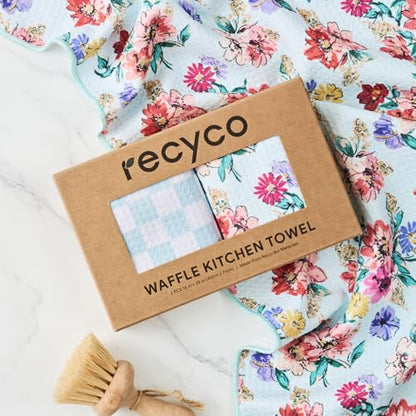 RECYCO Waffle Kitchen Towel Set of 2 - Quick Dry Microfiber Sustainable Dish Towels - Absorbent Reusable Cleaning Tea Towels - Lightweight Hand Towels,16”x 28”, Cuckoo Checker - color: Cuckoo Checker
