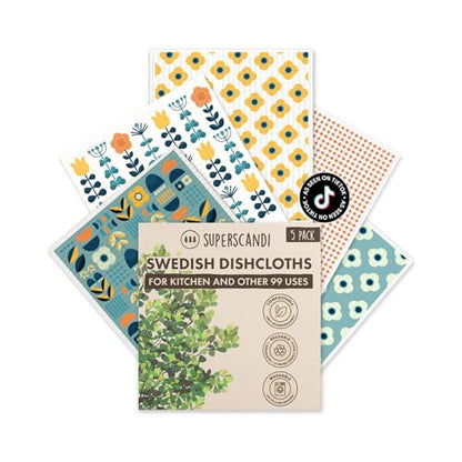 SUPERSCANDI 5 Pack Swedish Dishcloths for Kitchen - 100% Biodegradable & Compostable | Reusable Paper Towels Washable, Food-Safe & Without Plastic - Dish Rags Suitable for Any Surface | Scandi Design - color: Scandi Design