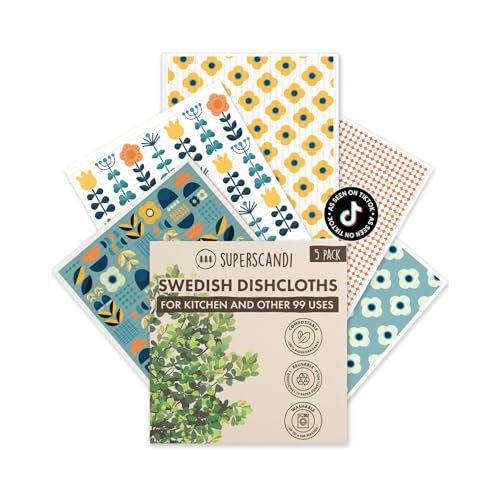 SUPERSCANDI 5 Pack Swedish Dishcloths for Kitchen - 100% Biodegradable & Compostable | Reusable Paper Towels Washable, Food-Safe & Without Plastic - Dish Rags Suitable for Any Surface | Scandi Design - color: Scandi Design