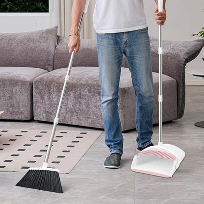 Broom with Dustpan Combo Set for Home, 52-in Long Adjustable Handle Angle Broom and Dustpan Set with Dustpan Comb Teeth for Sweeping Pet Hair Food Dirt Kitchen (White-Pink) - color: White-pink