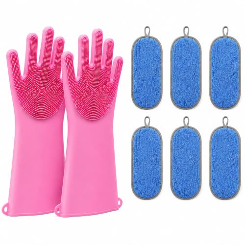 Clency Non-Scratch Kitchen Sponges, 6 Pack Dual-Sided Dish Sponges for Washing Dishes, Safe for Nonstick Cookware, Reusable Scrubber Cleaning Set with 2 Silicone Cleaning Gloves