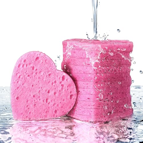 GAINWELL 50-Count Heart Shape Compressed Facial Sponges for Daily Facial Cleansing and Exfoliating, 100％ Natural Cosmetic Spa Sponges for Makeup Remover - color: Pink Heart, size: 50 Count (Pack of 1)