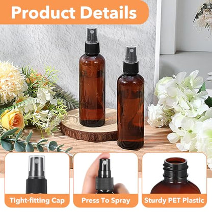 60 Pack 4 Oz Amber Plastic Spray Bottles, Fine Mist Refillable Empty Travel Bottles for Essential Oils, Perfume, Toner & Cleaning Solutions