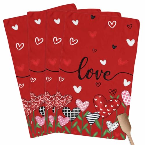 Valentines Kitchen Towels Love Heart Flower Hand Towels Black Red Valentines Day Dish Towel Soft Absorbent Quick Drying 4 Pack Dish Cloths 18x28 Inch Anniversary Wedding Decoration - color: Red Love, size: 4PCS