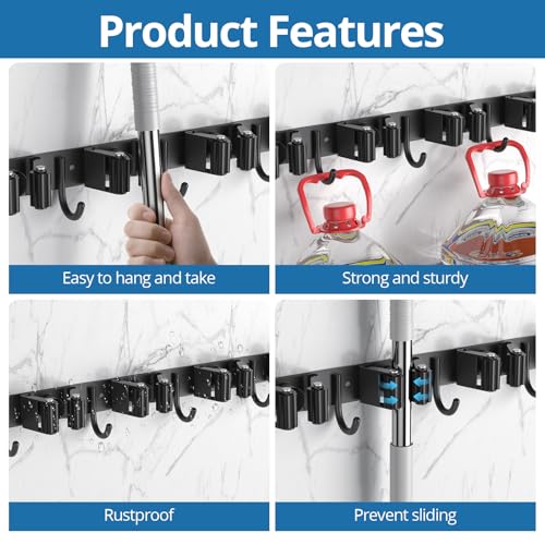 2 Pack Mop and Broom Holder Wall Mount, 5 Racks and 4 Hooks Broom Organizer Storage Garage Tool Racks Wall Mounted Mop Hanger for Home Kitchen Garden Laundry (Black)