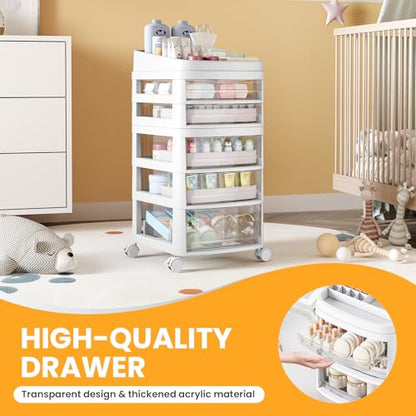 Rolling Cart with 5 Drawers, Clear Plastic Drawer Organizers, Dust Proof Under Desk Storage for Makeup, Skincare, Art Crafts and Baby Items, Acrylic Cosmetic Organizer with Dividers, Vanity Cart - size: 5 Tier
