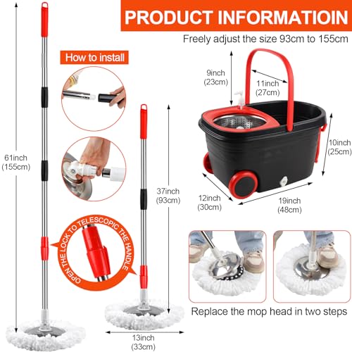 Mop and Bucket with Wringer Set, 360° Rotating Mop Bucket System with 3 Microfiber Mop, Stainless Steel Floor Cleaning System with Dual Mode, Black&red