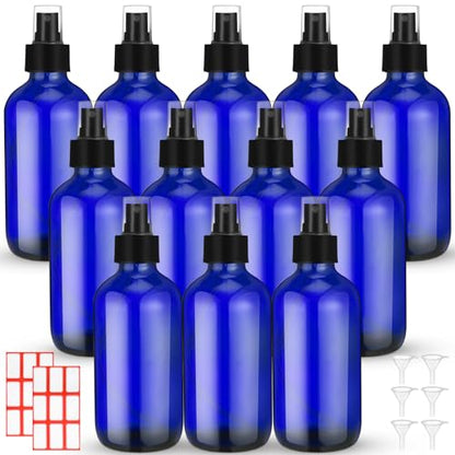 Norme 12 Pcs 8 oz Glass Spray Bottles with Funnels and Labels Refillable Cosmetic Empty Spray Bottles with Sprayer Containers for Essential Oil Cleaning Solutions(Blue,Stylish) - color: Blue, style: Stylish