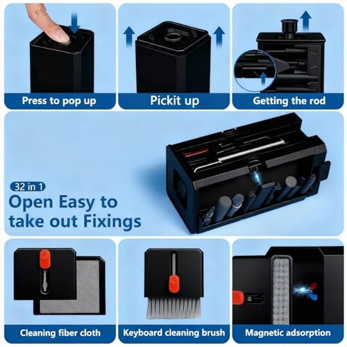 32 in 1 Cell Phone Cleaning kit with Charging Port Cleaner,Stylus Pen,SIM Tool,Keyboard Brush,Speaker Brush,Electronic Cleaning kit for iPhone,AirPods,iPad,Keyboard,MacBook,Earbud,Camera Lens(Black) - color: Black