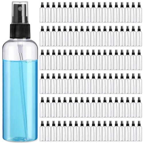 Kigley 100 Pcs Small Spray Bottle Bulk 4 oz Plastic Empty Mist Spray Bottles for Essential Oils Fine Mist Sprayer Reusable Refillable Portable Travel Containers for Perfume Cleaning Samples(Clear) - color: Clear