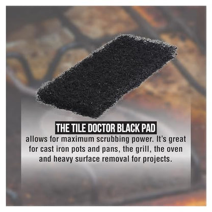 Scrub Doctor 6-Pack of 10 x 4.5 x 1 in. Large Black Scrub Pads and Scrub Pad Holder Scrub-HLD-L-BLK-6, Maximum Abrasion Scrubbing Pads for Cast Iron Pots, BBQ Grills, Oven Cleaning, and Paint Removal