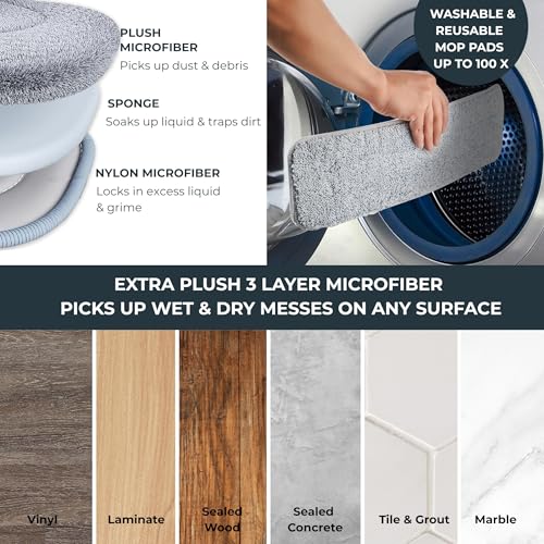 True & Tidy® SPRAY-250 Multi-Surface Spray Mop with Refillable Water Bottle for Floor Cleaning, Works on Wood, Tile, Marble etc, Use Any Cleaning Solution, Machine Washable Microfiber Mop Pads, White