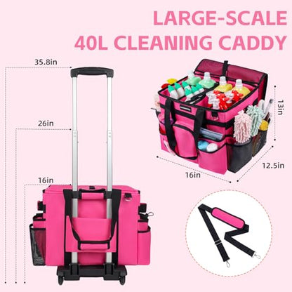 Large Rolling Cleaning Caddy Bag, Cleaning Caddy with Wheels with Detachable Trolley for Housekeepers, Water Resistant Cleaner Supplies Organizer with Wheels for Kitchen, Car, Picnic (Rose-Red)