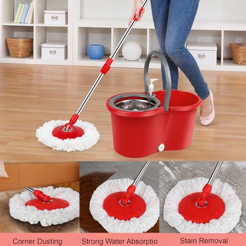 Spin Mop and Bucket with Wringer Set, 360° Spinning Mop Bucket System with 3 Microfiber Mop Replacement Heads Refills,56" Stainless Steel Extended Handle for Floor Cleaning Home(20QT) (Green) (Red) - color: Red