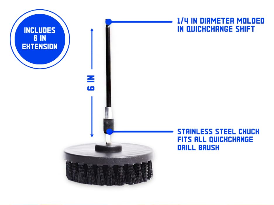Diamond Shine Firm Drill Brush Cleaning Attachment with 6" Extension – 5" Coarse Nylon Power Scrubber for Tile, Grout, Floors, Carpet, Vehicles & Outdoor Surfaces