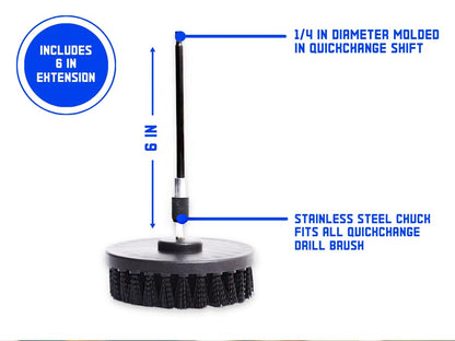 Diamond Shine Firm Drill Brush Cleaning Attachment with 6" Extension – 5" Coarse Nylon Power Scrubber for Tile, Grout, Floors, Carpet, Vehicles & Outdoor Surfaces
