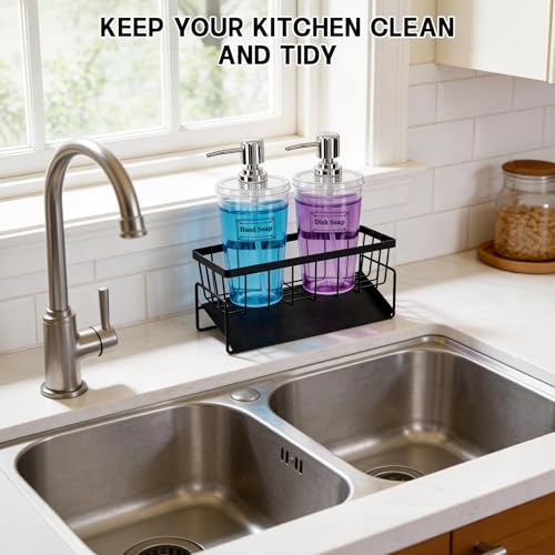 Kitchen Sink Caddy with Dish Soap Dispenser Set,16oz Hand and Dish Soap Dispenser Set with Sponge Holder, 2Pcs Clear Bottle with Pump Large Opening Easy to Fill Kitchen Sink Organizer Countertop