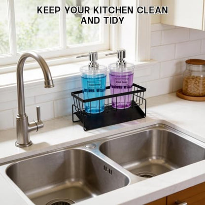 Kitchen Sink Caddy with Dish Soap Dispenser Set,16oz Hand and Dish Soap Dispenser Set with Sponge Holder, 2Pcs Clear Bottle with Pump Large Opening Easy to Fill Kitchen Sink Organizer Countertop