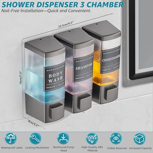 Shampoo and Conditioner Dispenser for Shower,3 Chamber, Grey | Wall Mounted, No Drill, 3×16.9oz,ABS Plastic Material,Refillable With Labels, For Bathroom Hotel - color: Gray