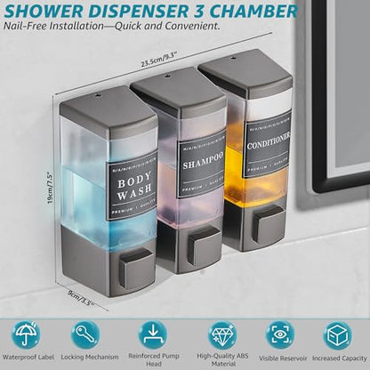 Shampoo and Conditioner Dispenser for Shower,3 Chamber, Grey | Wall Mounted, No Drill, 3×16.9oz,ABS Plastic Material,Refillable With Labels, For Bathroom Hotel - color: Gray