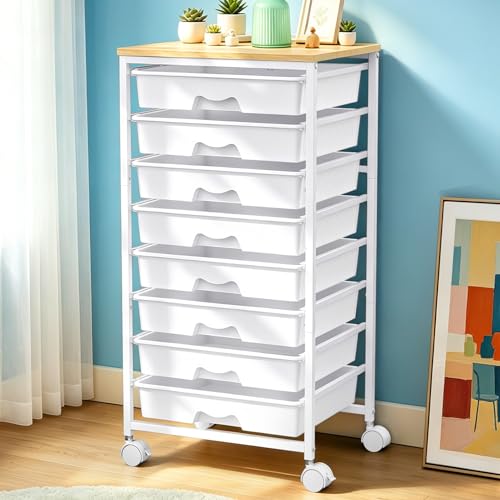 SUNALLY Rolling Cart With 8 Drawers, Storage Drawer Carts with Wooden Tabletop and 2 Lockable Wheels, 8 Tier Rolling Cart for Craft Art Supply Storage & Home Office Organization, White - color: White