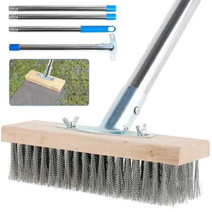 Stainless Steel Deck Brushes for Scrubbing Heavy Duty, 65" Deck Scrub Brush with Long Handle - Concrete Scrub Brush Stiff Metal Bristle Concrete Brush for Cleaning Moss Patio Garage Garden Pool Floor
