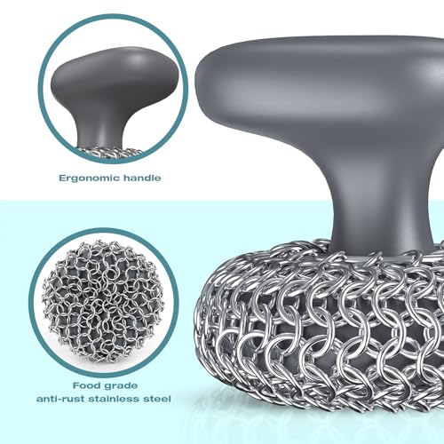 Cast Iron Scrubber | Dish Scrub Brush | 316 Cleaner Chainmail Scrubber for Cast Iron Pan Skillet Cleaner - Dish Scouring Pad Dishwasher Safe Cleaning Kit, Grey 02 - color: Gray