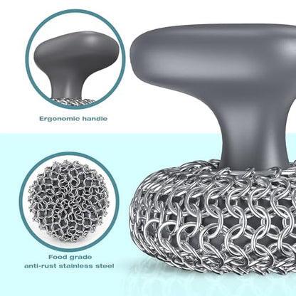 Cast Iron Scrubber | Dish Scrub Brush | 316 Cleaner Chainmail Scrubber for Cast Iron Pan Skillet Cleaner - Dish Scouring Pad Dishwasher Safe Cleaning Kit, Grey 02 - color: Gray