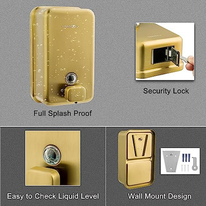Wall Mounted Hand Soap Dispenser Bathroom, 1200ml 40oz Commercial Stainless Steel Liquid Soap Dispenser Wall Mount (Vertical Gold) - color: Vertical Gold